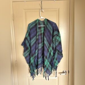 Plaid Fringe Shawl in Blue and Green